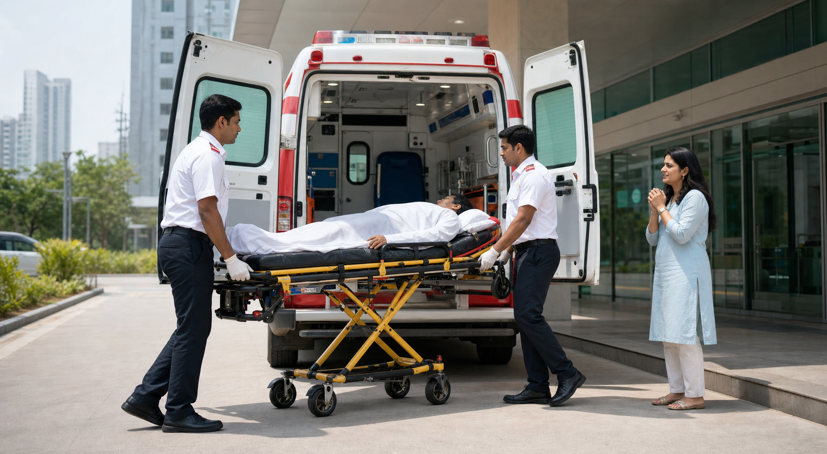 Paramedics loading a patient carefully into an ambulance outside a hospital