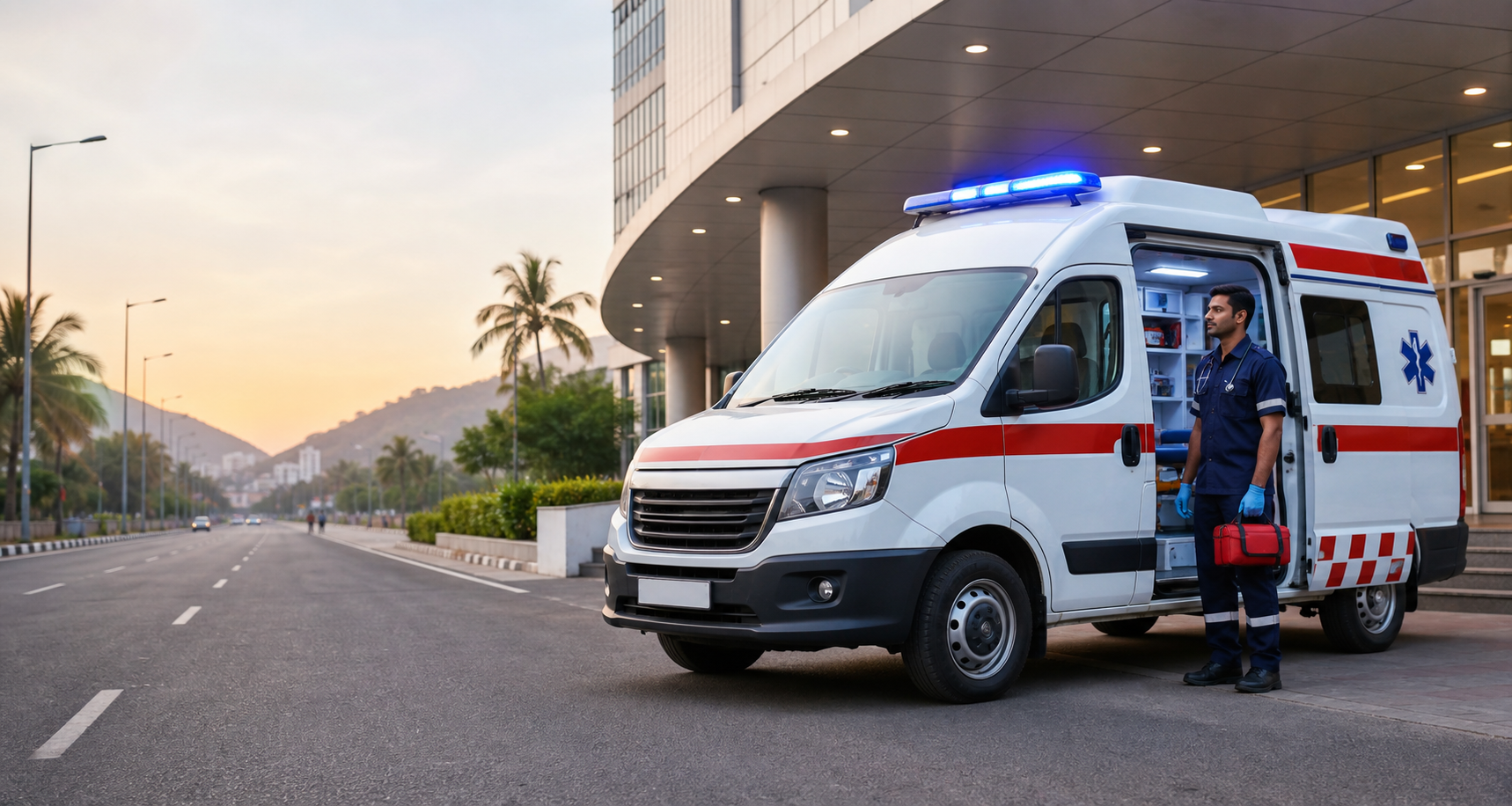 Emergency ambulance parked near a hospital entrance in Vizag