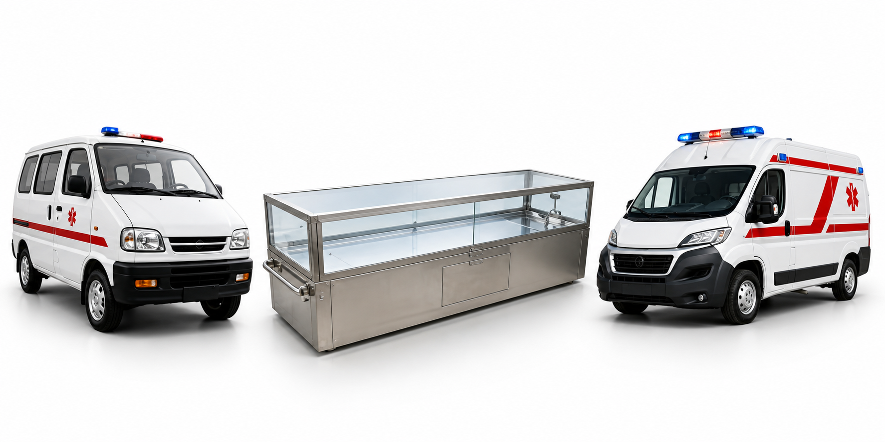 Body freezer service setup with ambulance vehicles and a stainless steel freezer unit